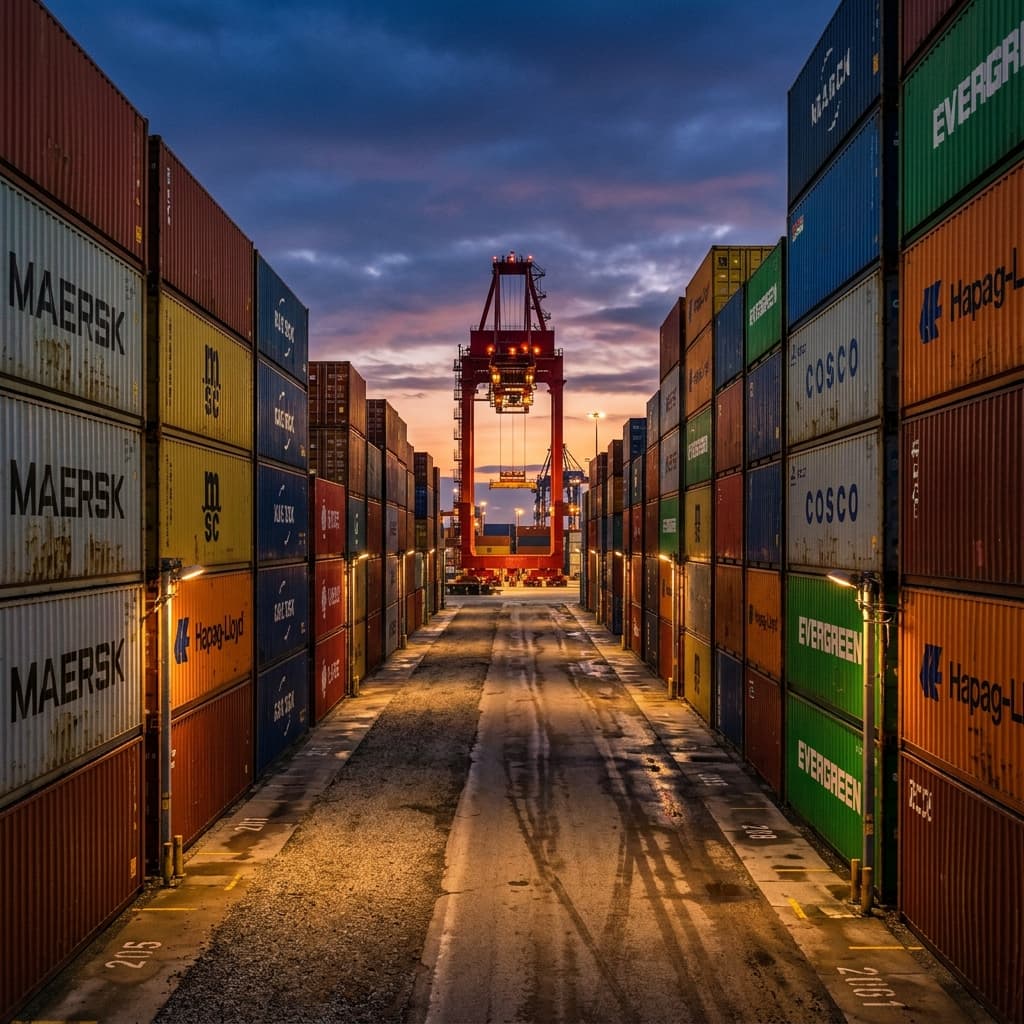Container shipping terminal at dusk representing company vision