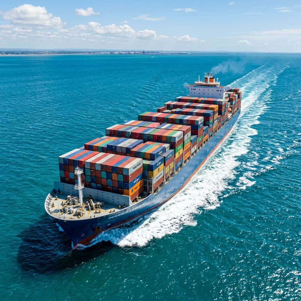 Commercial container vessel carrying freight toward Dubai UAE port terminal