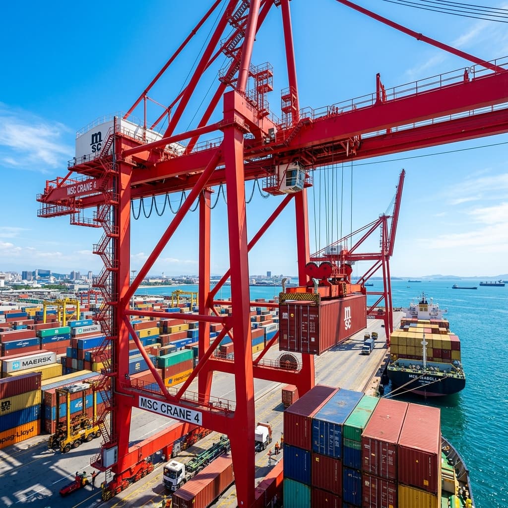 Container ship berthed beneath ship-to-shore gantry cranes
