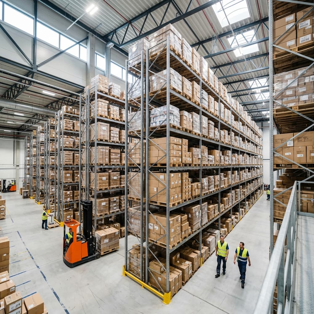 Aisle of a distribution warehouse stacked with palletised goods